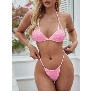 Size 10 (Large) Pink Eyelet Embroidery Frill Trim Bikini Lingerie Set